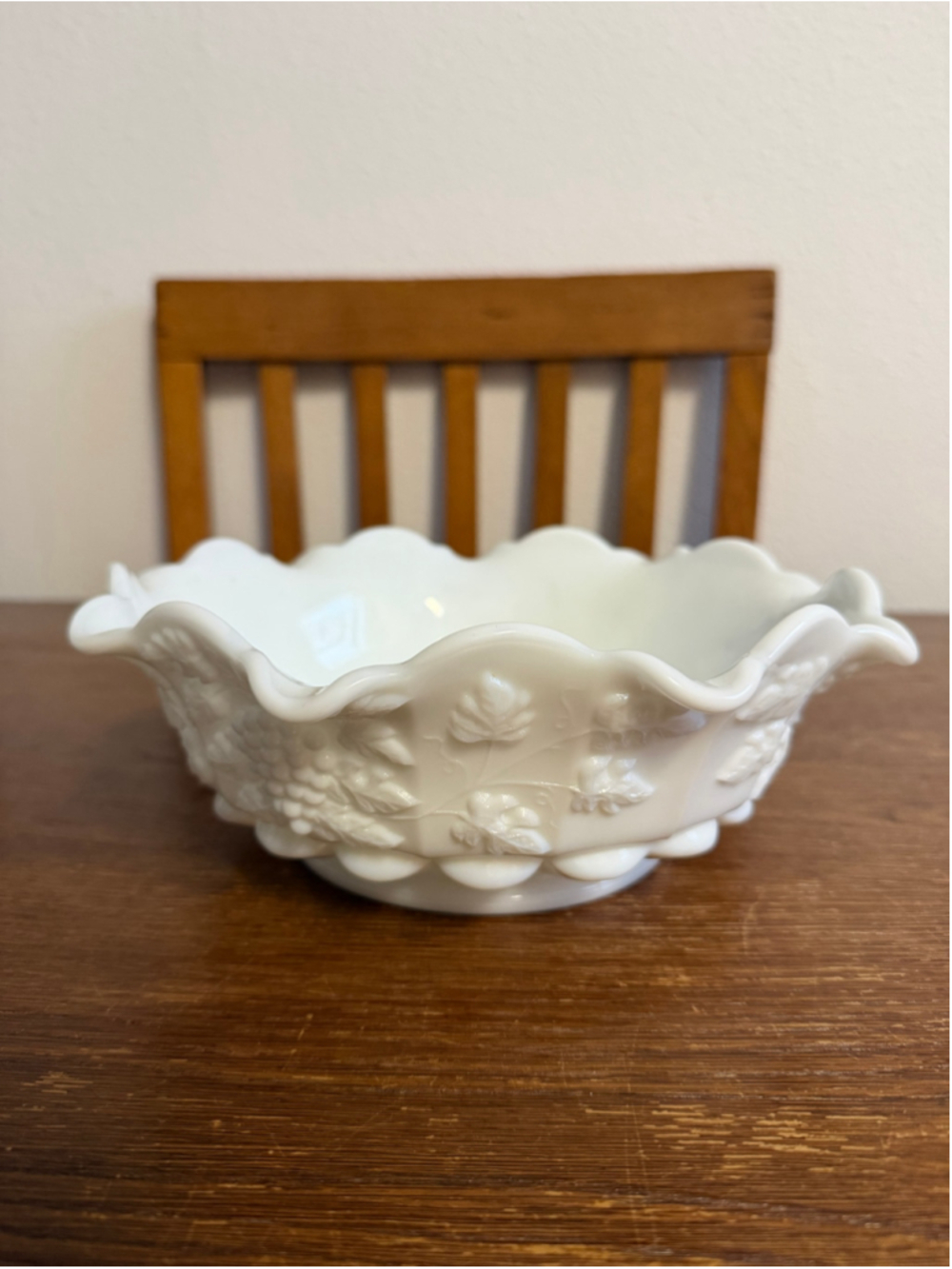 Vintage Milk Glass Grape Leaf Pedestal Bowl Large Ruffled Scalloped Rim Heavy